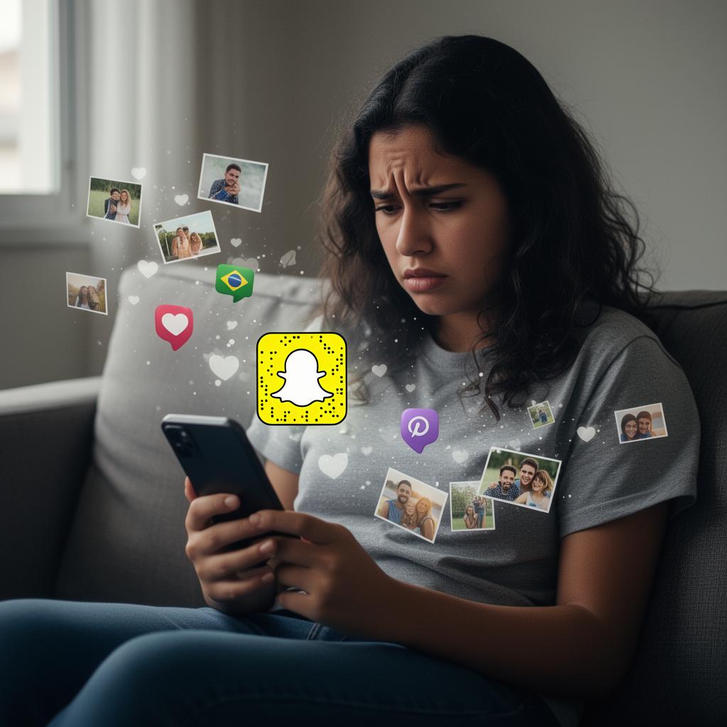 Jovem brasileira sentada no sofá olhando para o smartphone com expressão de choque, com fotos e memórias desaparecendo visualmente ao redor