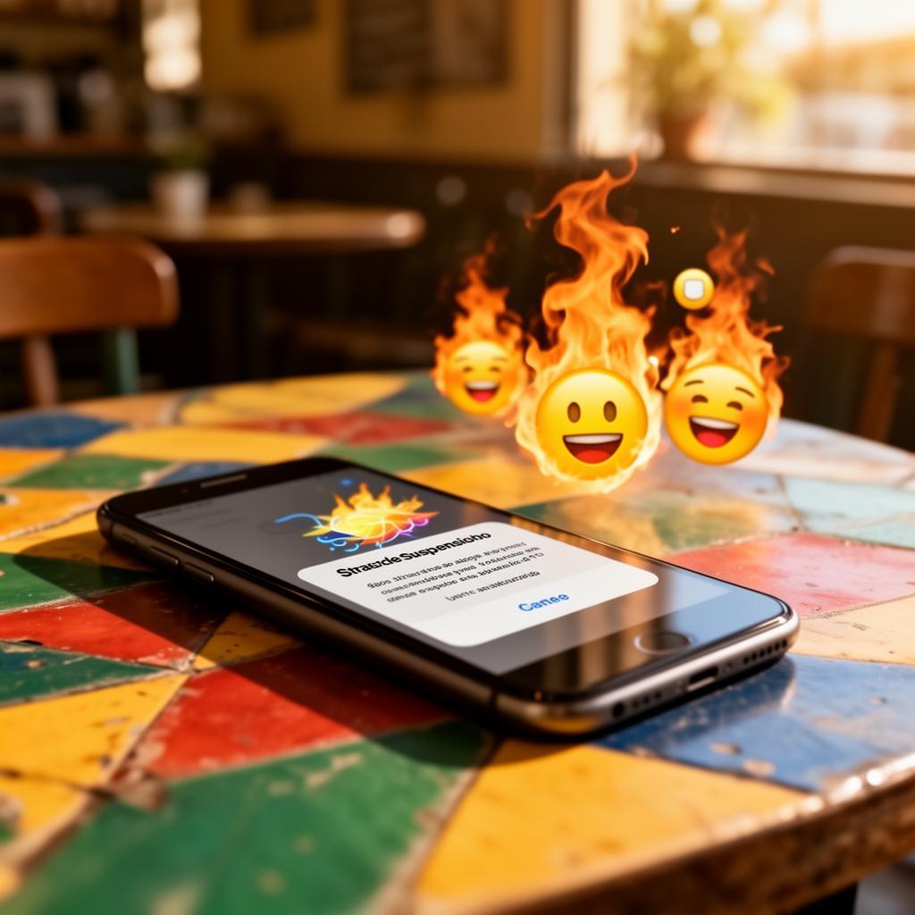 Smartphone sobre mesa colorida de café exibindo notificação de suspensão da conta do Snapchat, com streak flames e emojis desfocados ao fundo