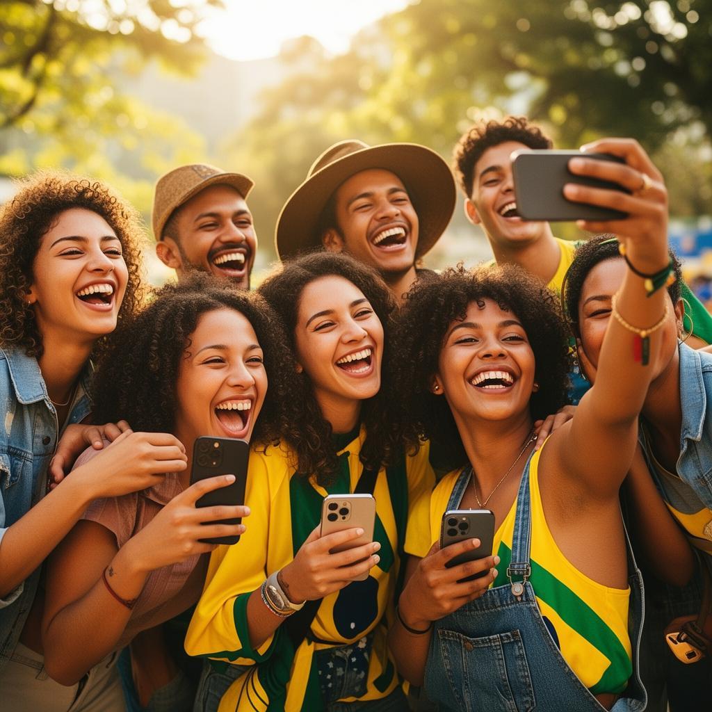 Grupo de jovens brasileiros rindo e tirando selfies ao ar livre em dia ensolarado, com expressões de alegria e amizade genuína