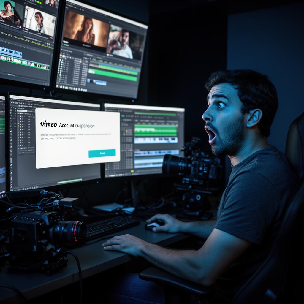 Cineasta brasileiro em suite de edição escura olhando chocado para monitor com suspensão da conta do Vimeo