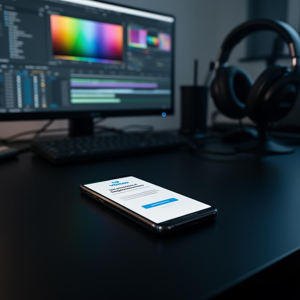 Smartphone sobre mesa preta exibindo e-mail de suspensão da conta do Vimeo, com workstation de edição de vídeo desfocada ao fundo