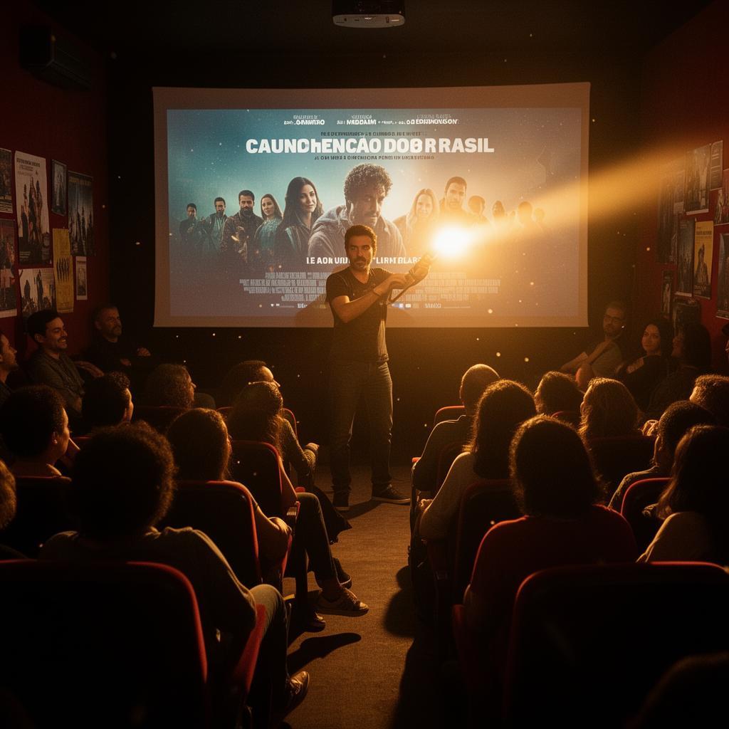 Cineasta brasileiro apresentando documentário em pequena sala de cinema independente, com público atento e luz quente do projetor
