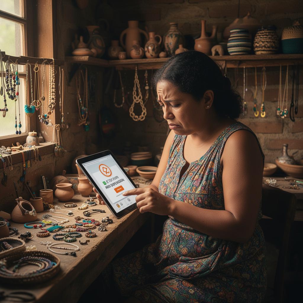 Artesã brasileira em oficina acolhedora olhando para tablet com suspensão da loja no Etsy, com joias artesanais e cerâmicas expostas ao redor