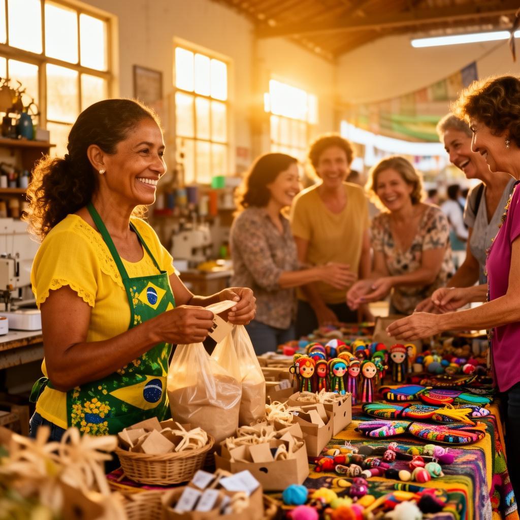 Artesã brasileira sorrindo enquanto embala produtos artesanais em oficina iluminada, com clientes felizes visitando sua mesa em feira local