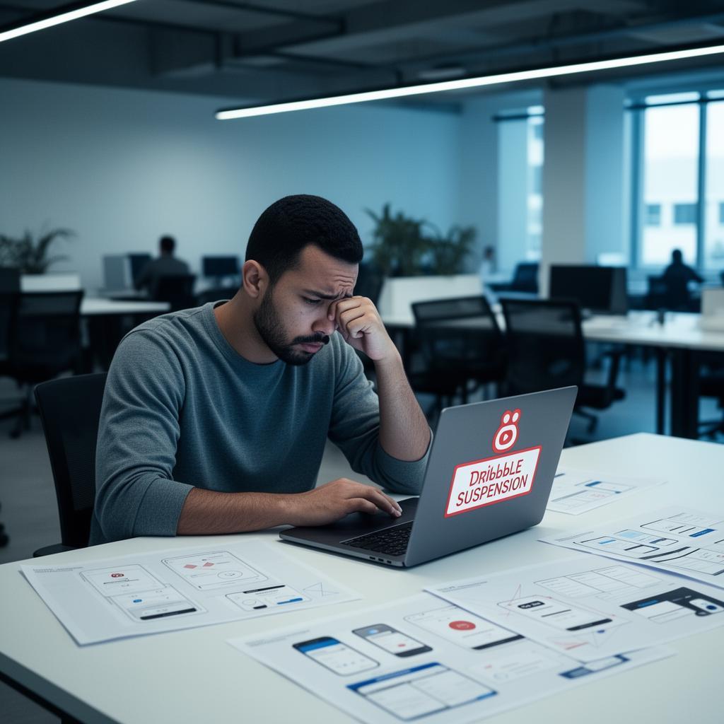 Designer brasileiro em espaço de coworking moderno olhando devastado para laptop com suspensão da conta do Dribbble