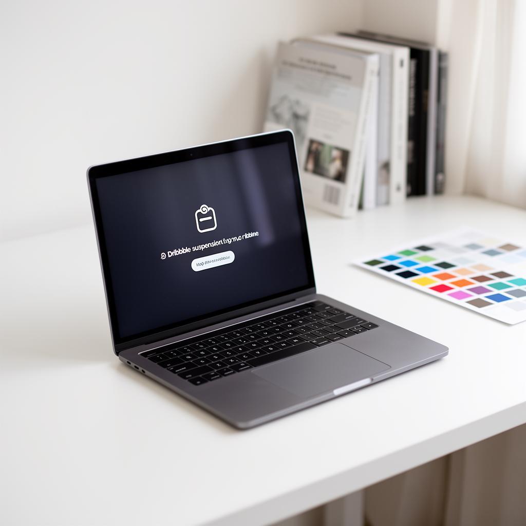 Laptop em mesa branca minimalista exibindo notificação de suspensão da conta do Dribbble, com livros de design e paleta de cores desfocados ao fundo