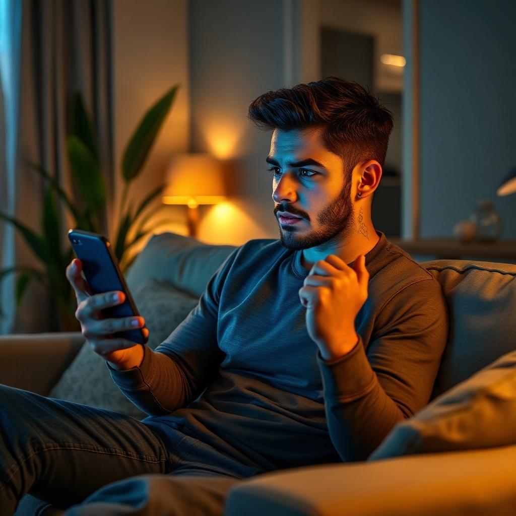 Jovem brasileiro sentado em sofá de apartamento moderno olhando chocado para smartphone com suspensão da conta do Tinder