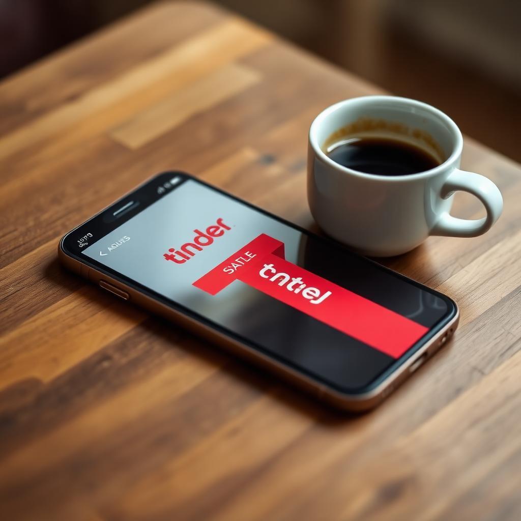 Smartphone sobre mesa de madeira exibindo notificação de banimento da conta do Tinder, com xícara de café ao lado