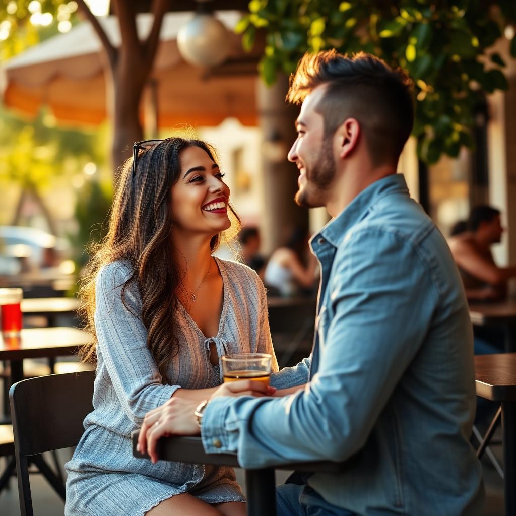 Jovem casal brasileiro rindo juntos em café ao ar livre durante o pôr do sol, conexão genuína e calorosa