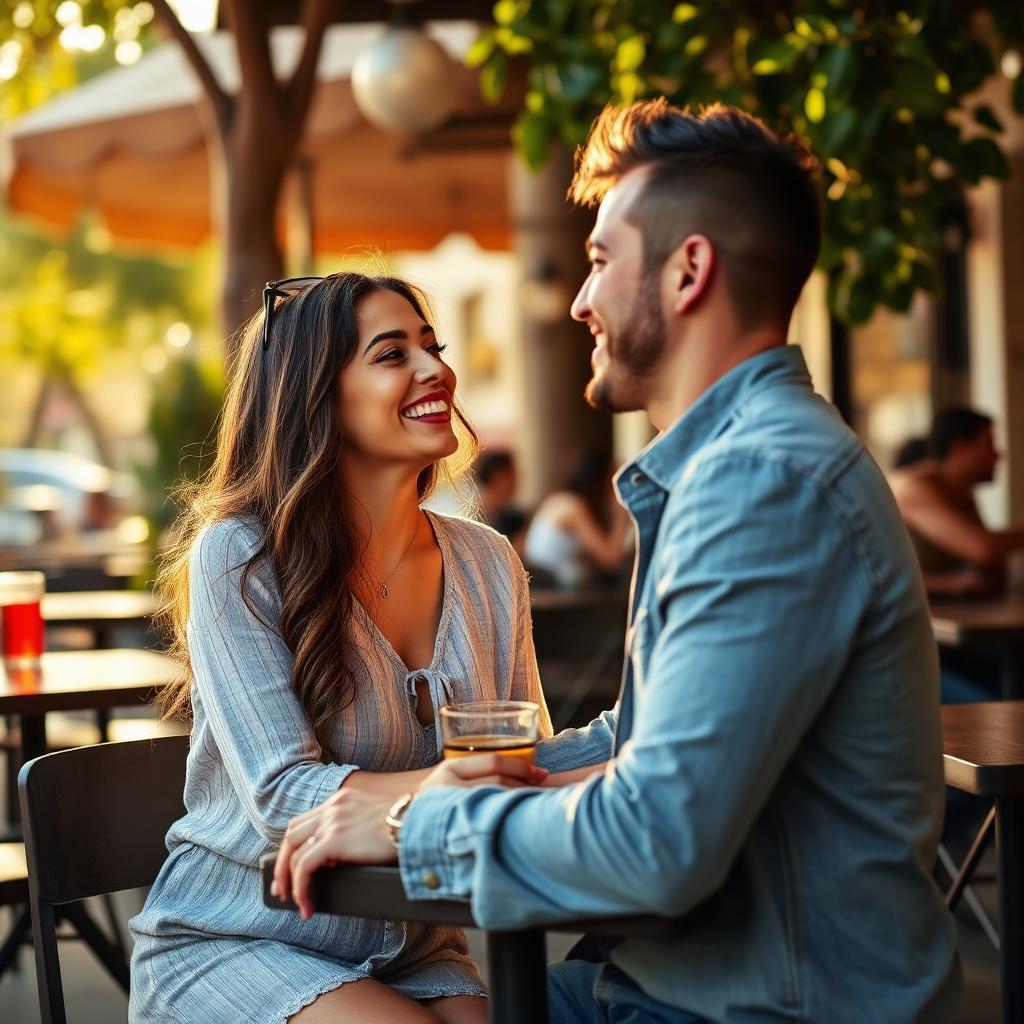 Jovem casal brasileiro rindo juntos em café ao ar livre durante o pôr do sol, conexão genuína e calorosa