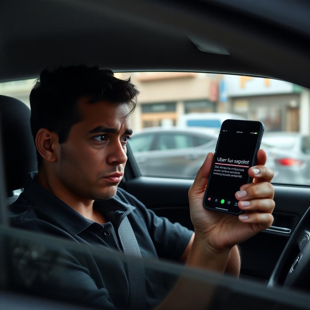 Motorista brasileiro sentado no banco do motorista olhando preocupado para smartphone com suspensão da conta do Uber