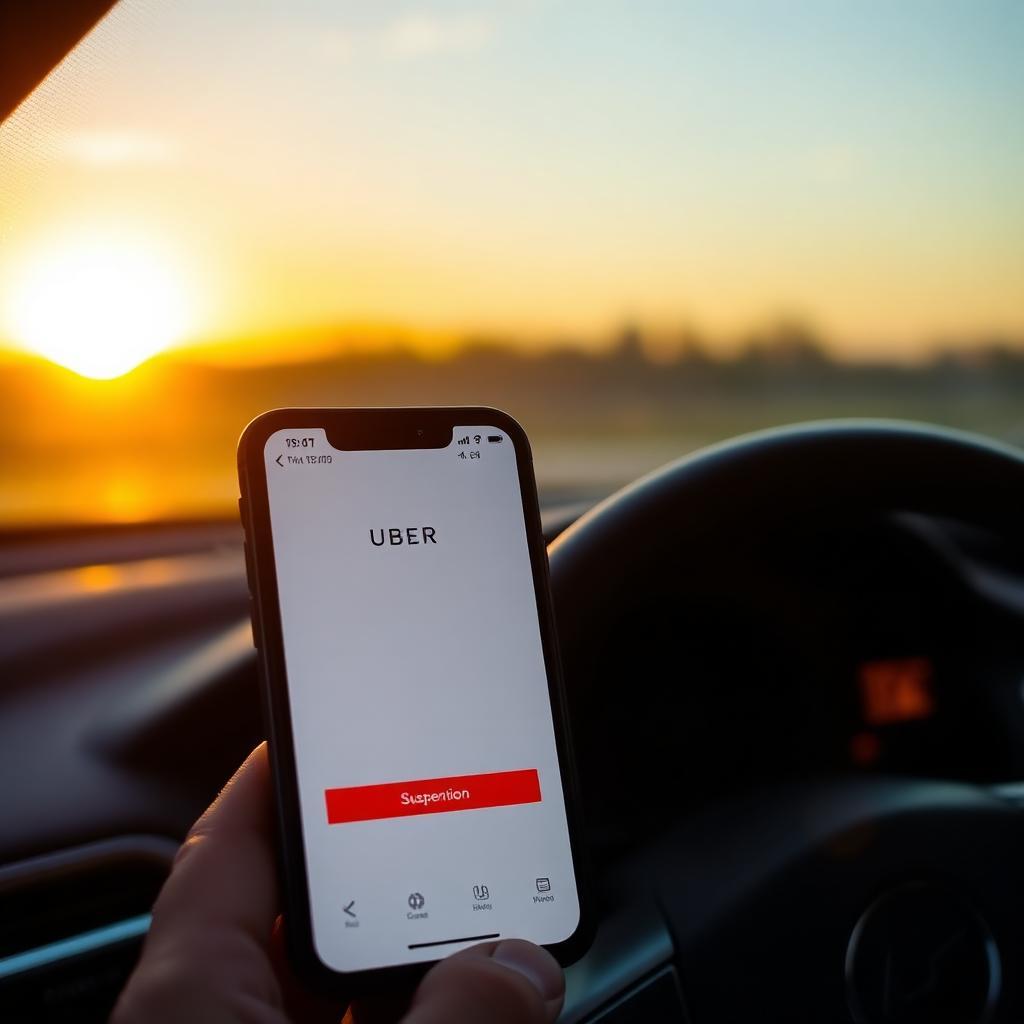 Smartphone sobre painel de carro exibindo notificação de suspensão da conta do Uber, com volante visível ao fundo