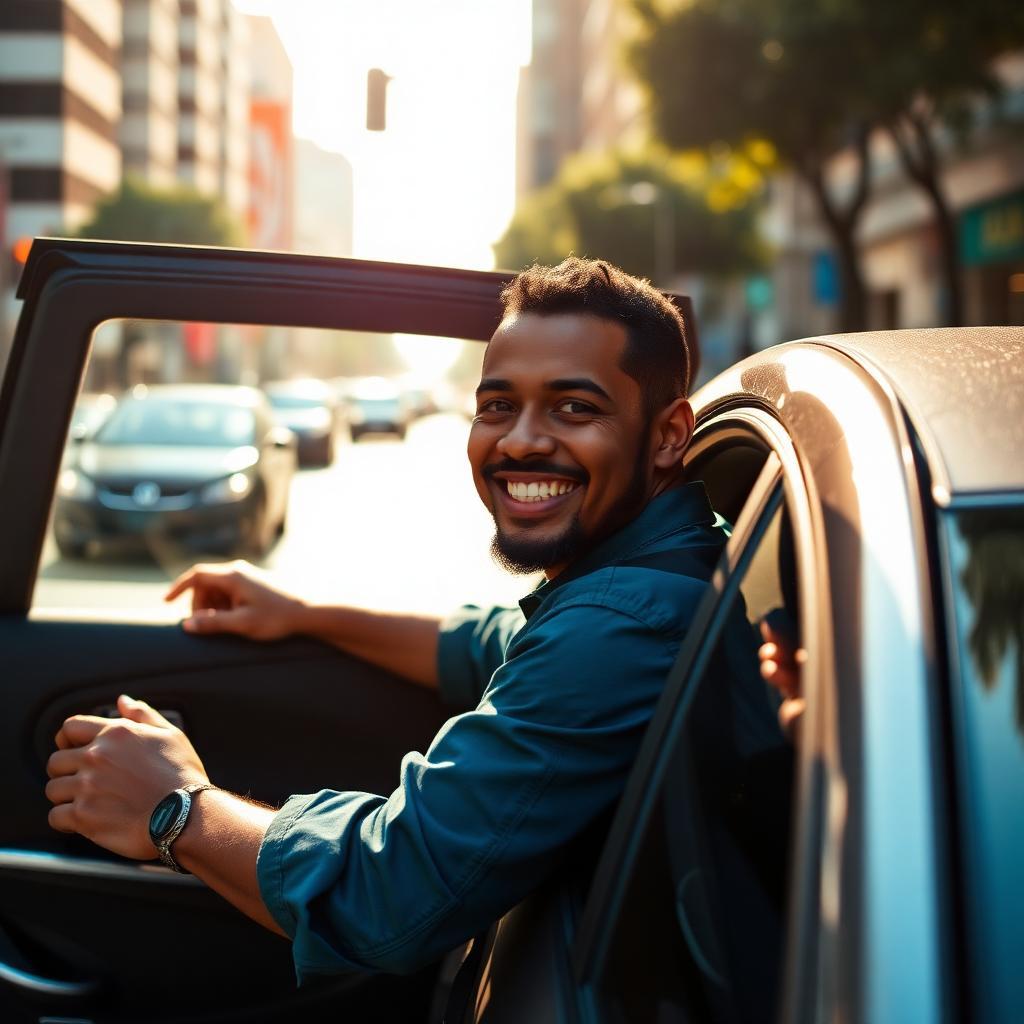 Motorista brasileiro sorrindo enquanto abre a porta do carro para passageiro em rua movimentada de cidade