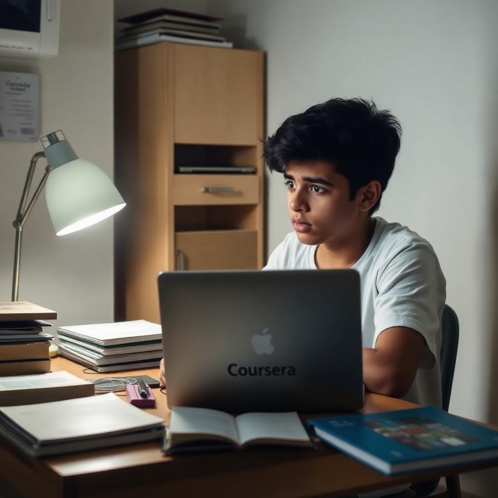 Jovem brasileira sentada em escrivaninha de apartamento olhando devastada para laptop com suspensão da conta do Coursera