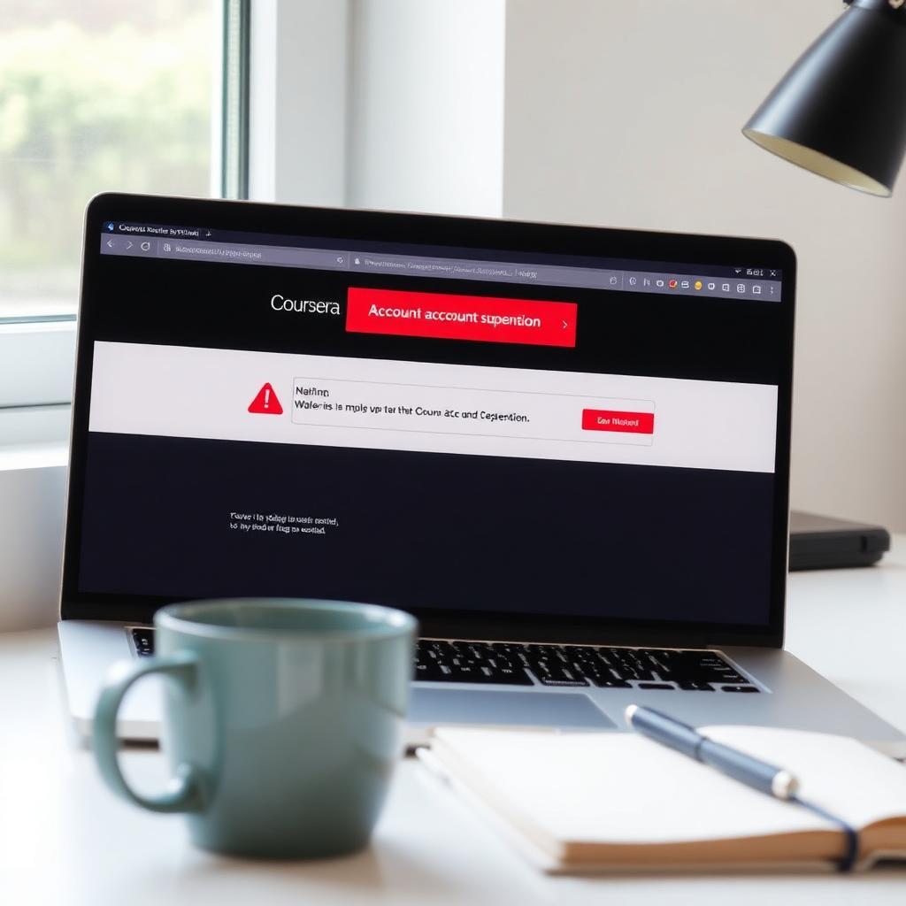 Laptop em mesa organizada exibindo notificação de suspensão da conta do Coursera, com livros de estudo e cadernos ao redor