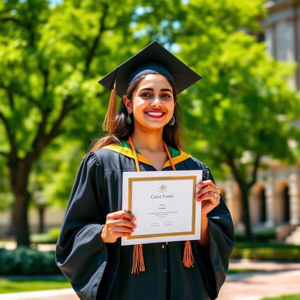 Jovem brasileira vestindo beca de formatura segurando diploma com orgulho em campus universitário ensolarado