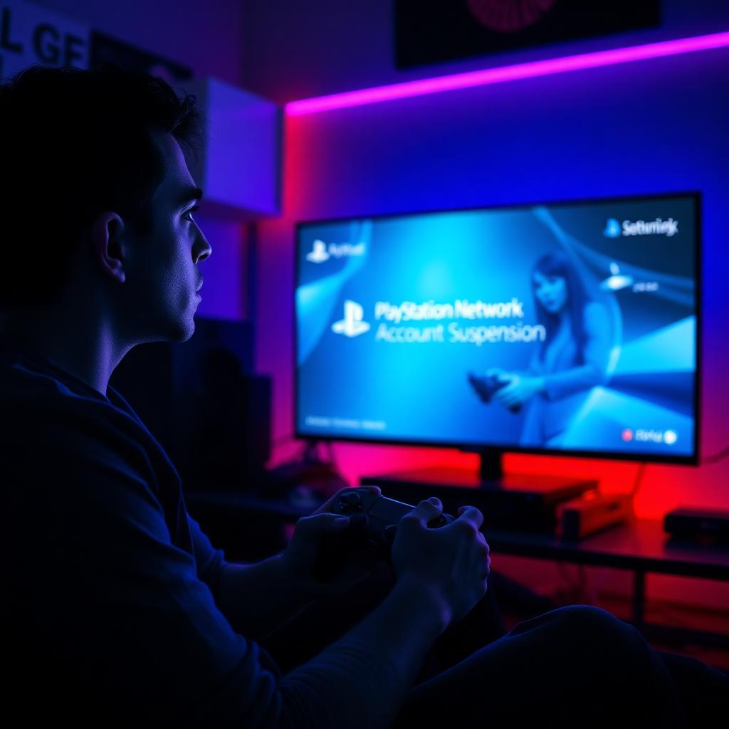 Jovem gamer brasileiro em quarto escuro com luzes RGB olhando chocado para TV com suspensão da conta da PlayStation Network