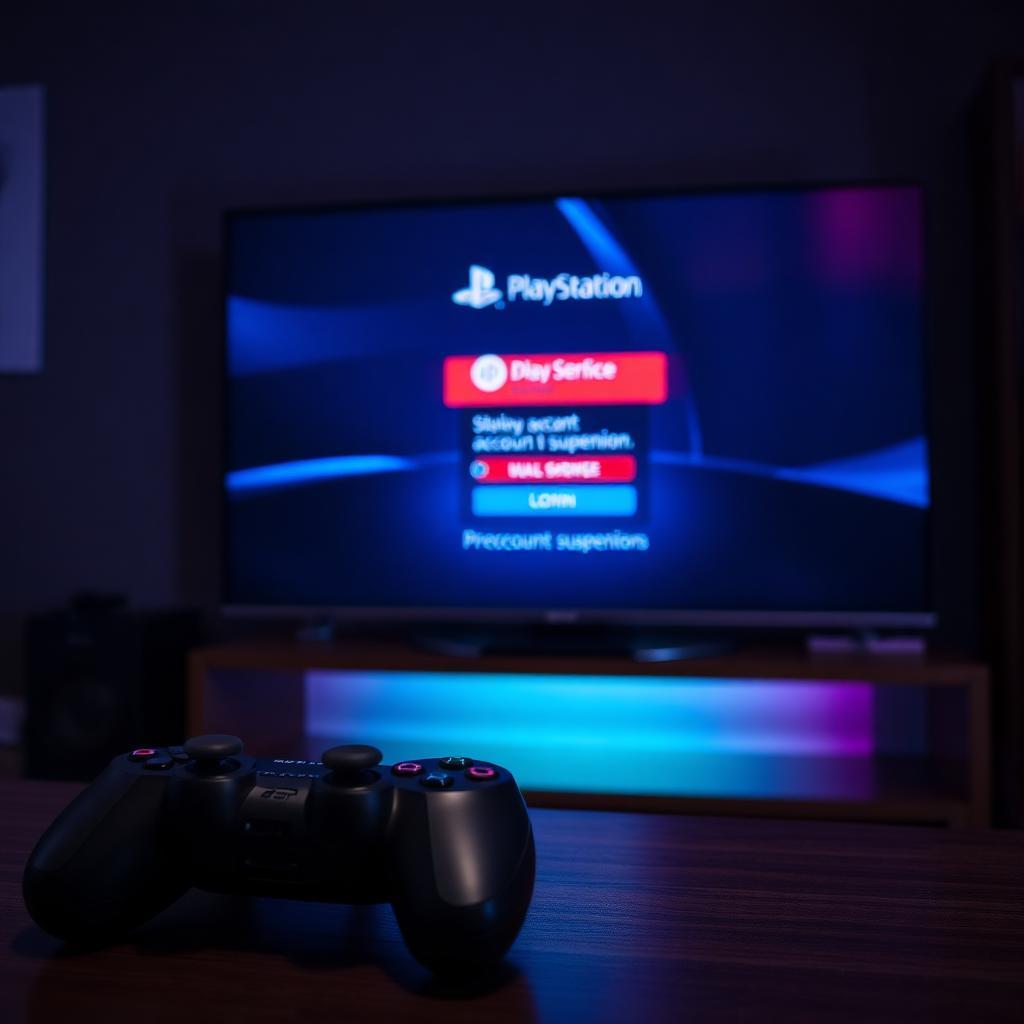 TV em sala escura exibindo tela de login da PlayStation Network com aviso de suspensão em vermelho, controle DualSense em primeiro plano