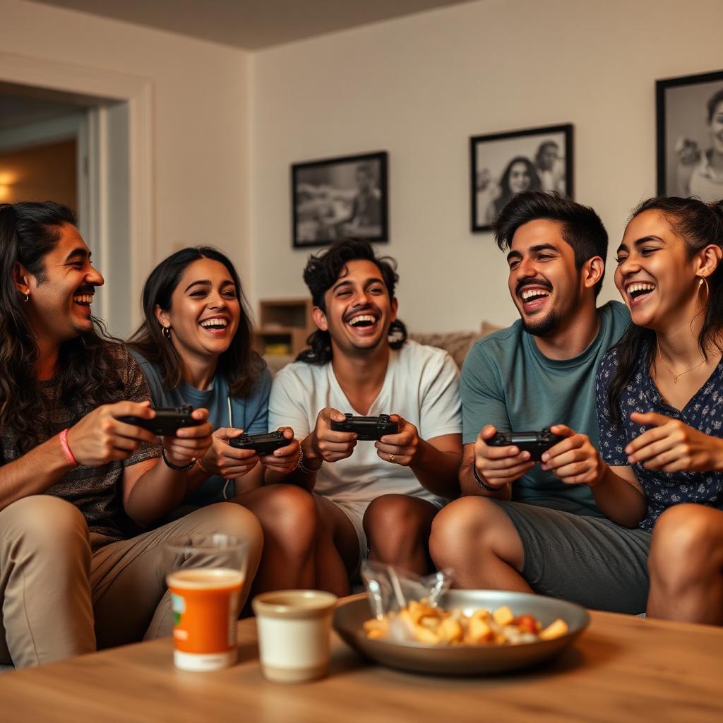 Grupo de amigos brasileiros rindo e jogando videogame juntos em sala de estar aconchegante, controles nas mãos e alegria no ar