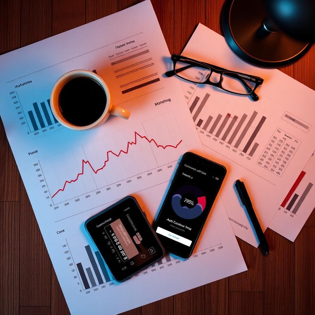 Gráficos de marketing impressos com curva em queda sobre mesa de trabalho