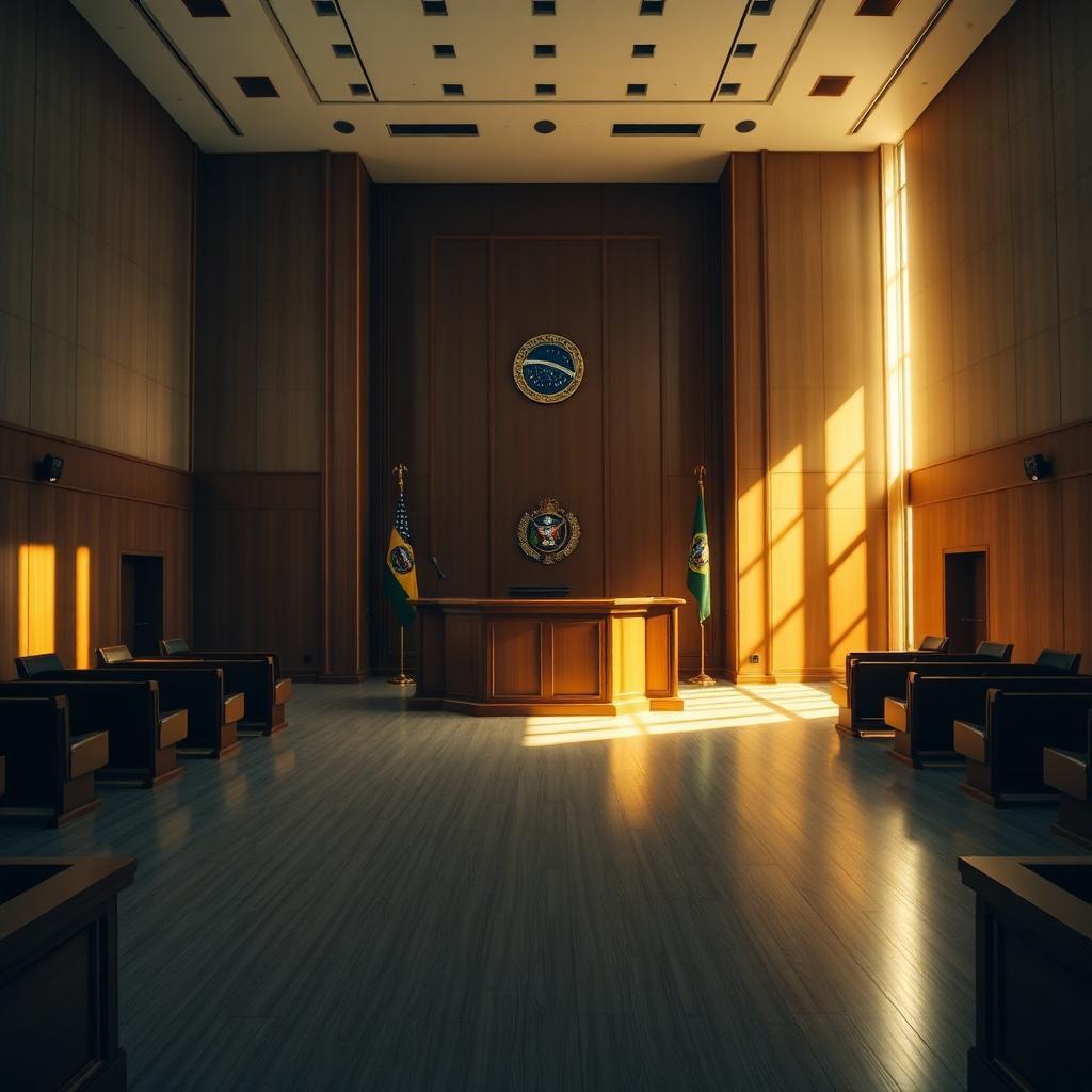 Tribunal vazio com bandeira do Brasil ao fundo, iluminado por luz dourada