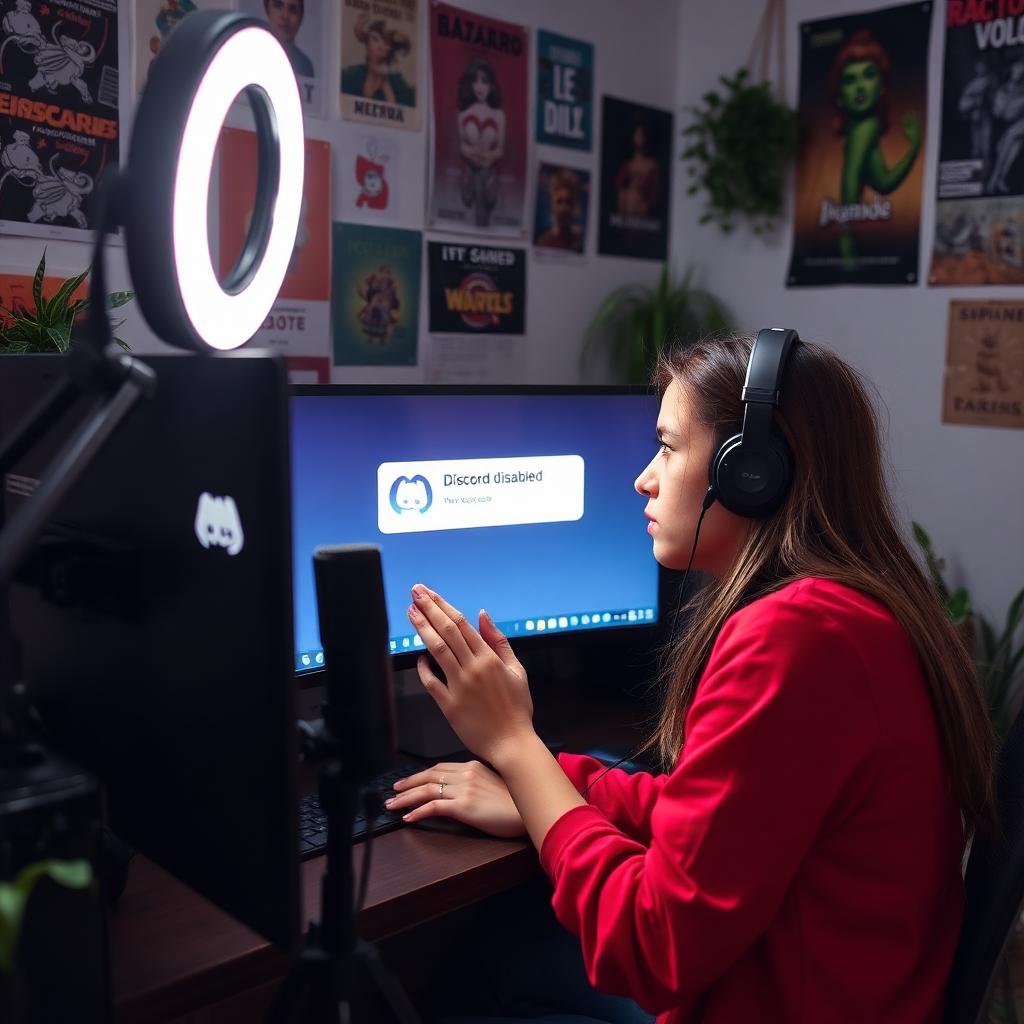 Criadora de conteúdo brasileira em home studio olhando devastada para monitor com suspensão da conta do Discord