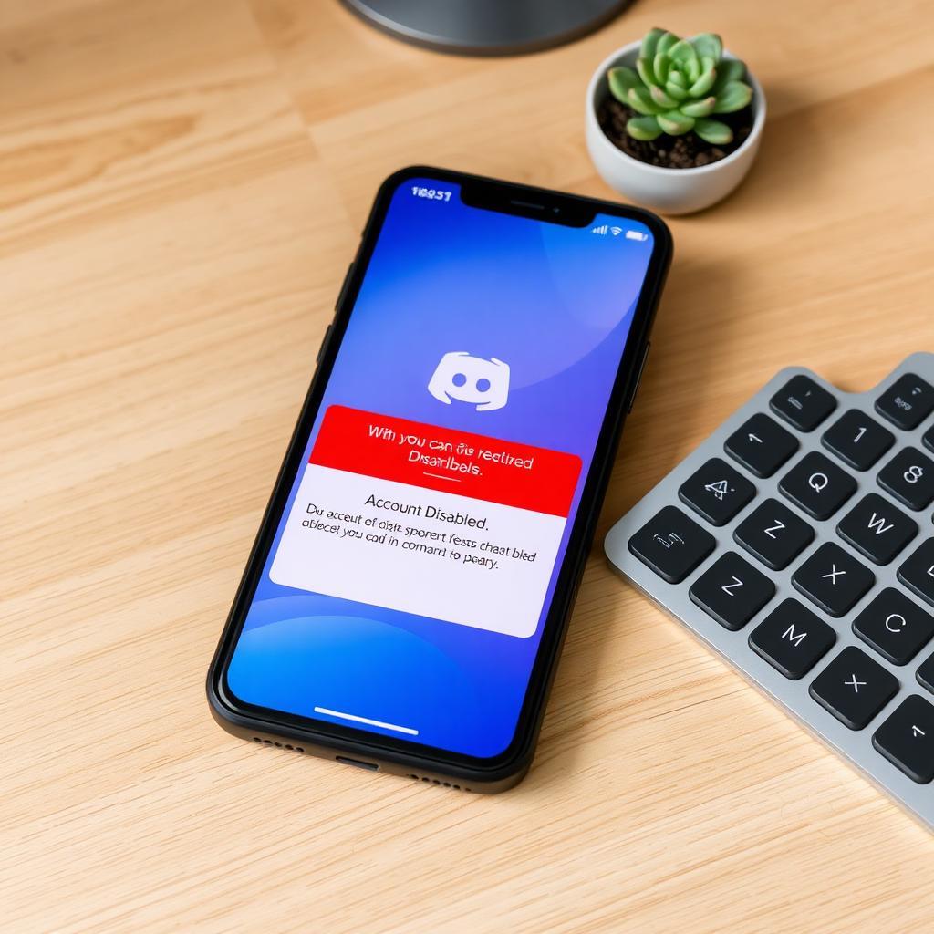 Smartphone sobre mesa de madeira exibindo notificação de desativação da conta do Discord, com teclado e planta ao lado