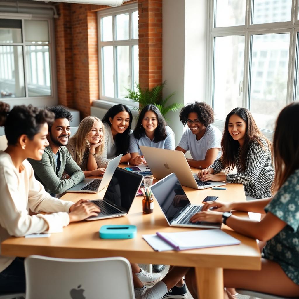Grupo diversificado de jovens brasileiros colaborando em espaço de coworking iluminado, laptops abertos e risadas no ar