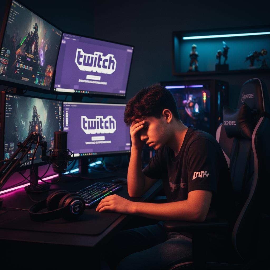 Streamer brasileiro devastado em frente a múltiplos monitores com mensagem de suspensão da Twitch