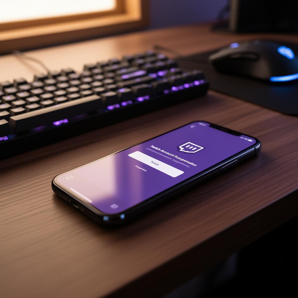 Smartphone sobre mesa de madeira exibindo notificação de suspensão da conta da Twitch