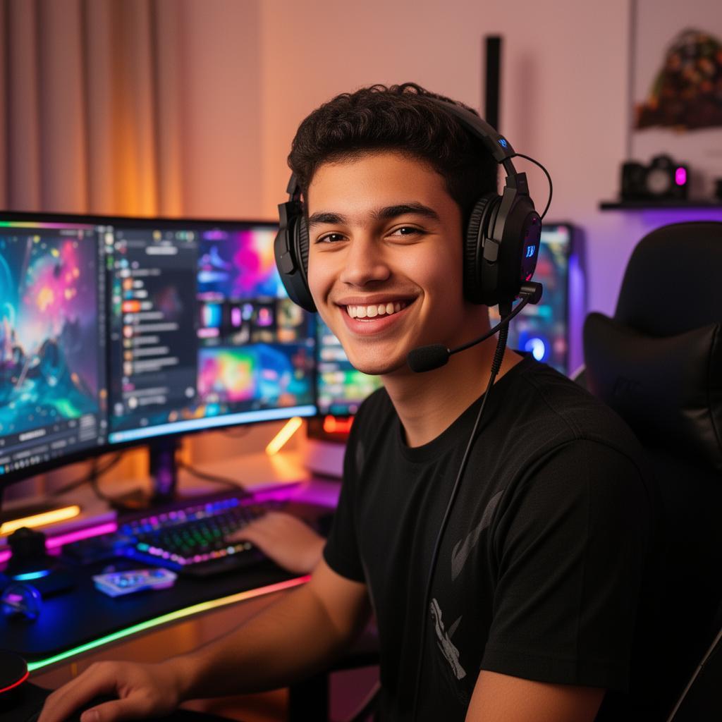 Streamer brasileiro sorrindo com headset em setup colorido de streaming