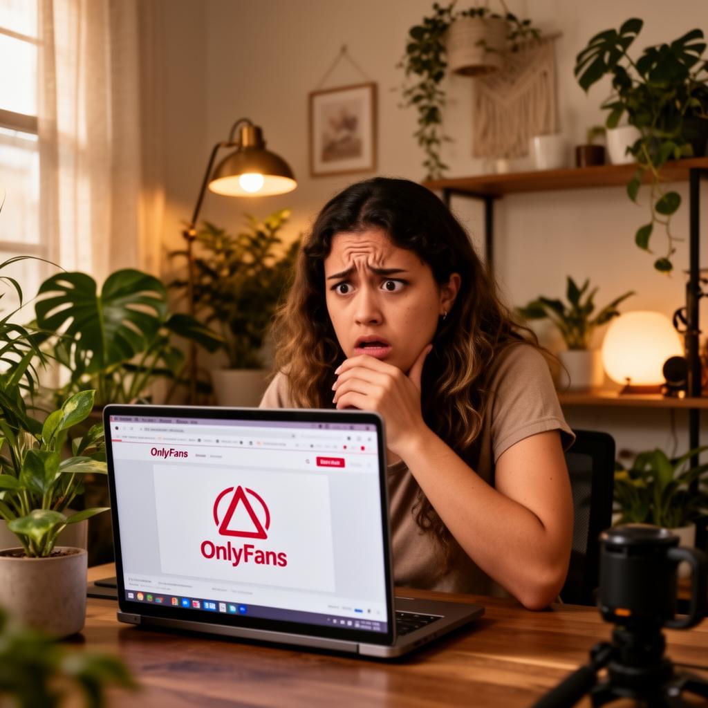 Criadora de conteúdo brasileira ansiosa olhando para laptop com erro no OnlyFans