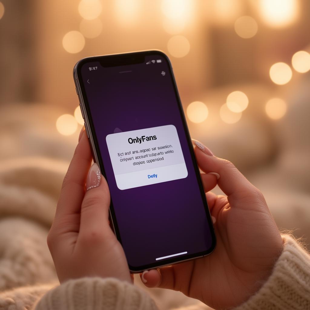 Smartphone mostrando notificação de suspensão de conta do OnlyFans em mãos femininas