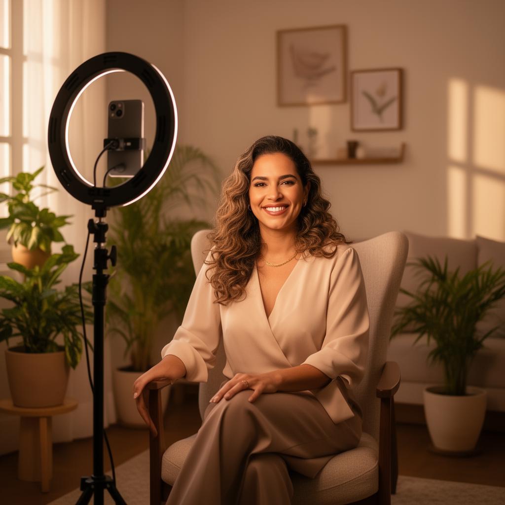 Mulher brasileira confiante em home studio elegante com luz de anel