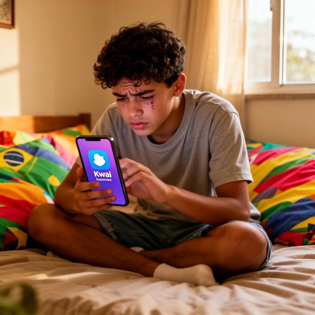 Jovem brasileiro devastado olhando para smartphone com app Kwai suspenso