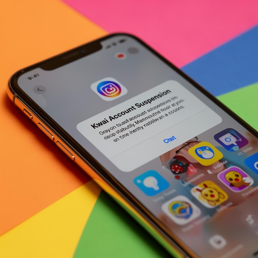 Smartphone exibindo notificação de suspensão de conta do Kwai em fundo colorido