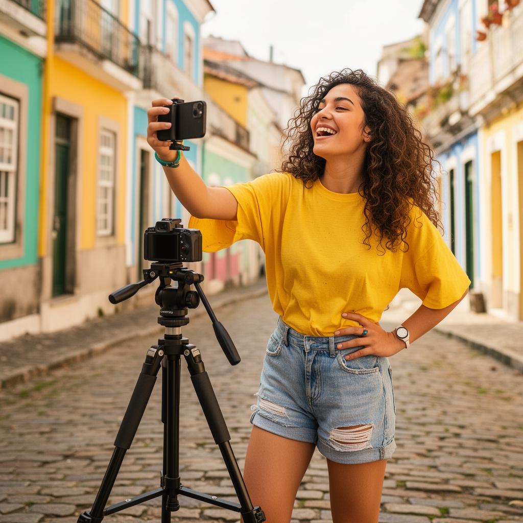 Jovem brasileiro feliz filmando vídeo com smartphone em tripé em rua colorida