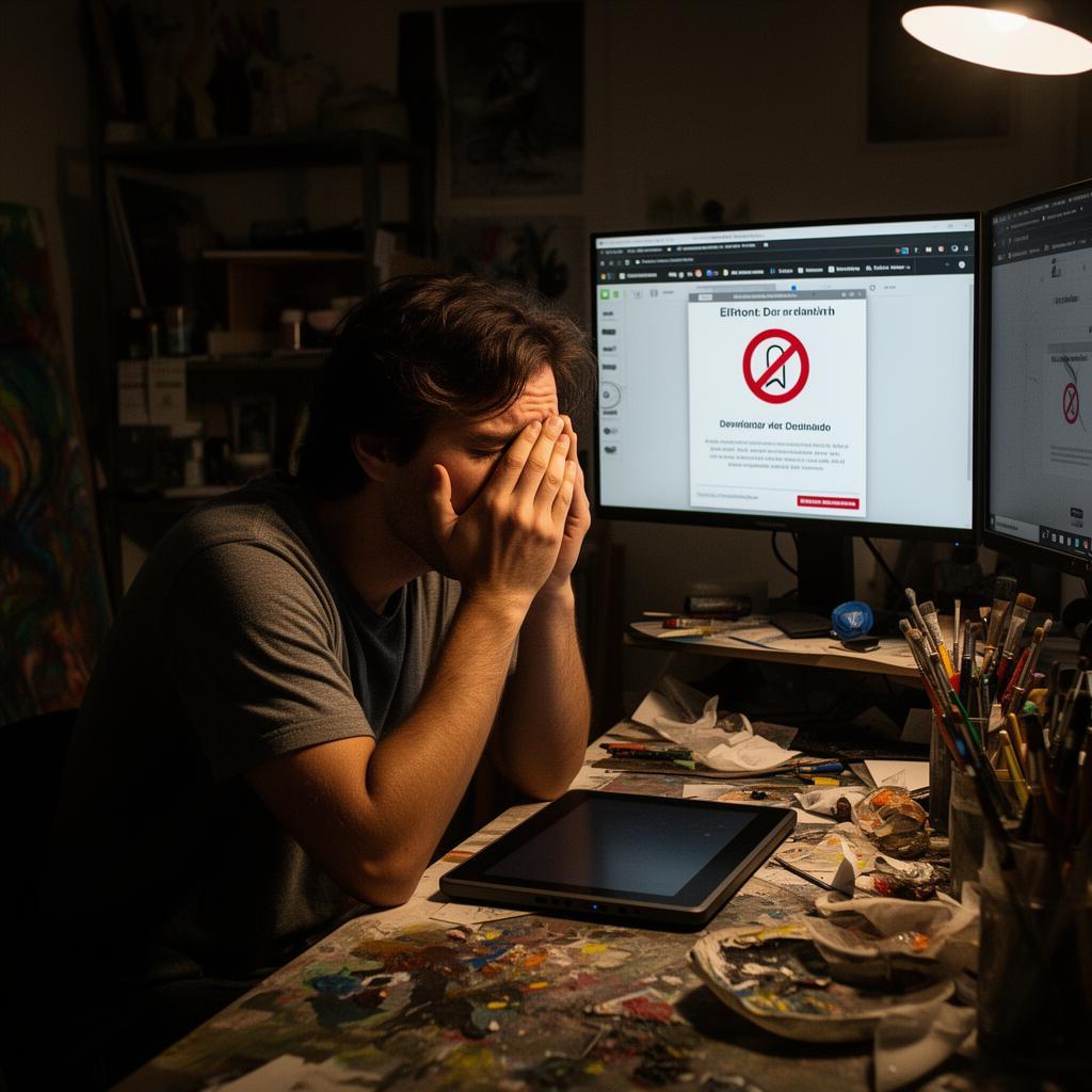 Artista brasileira devastada em estúdio criativo olhando para computador com erro no DeviantArt