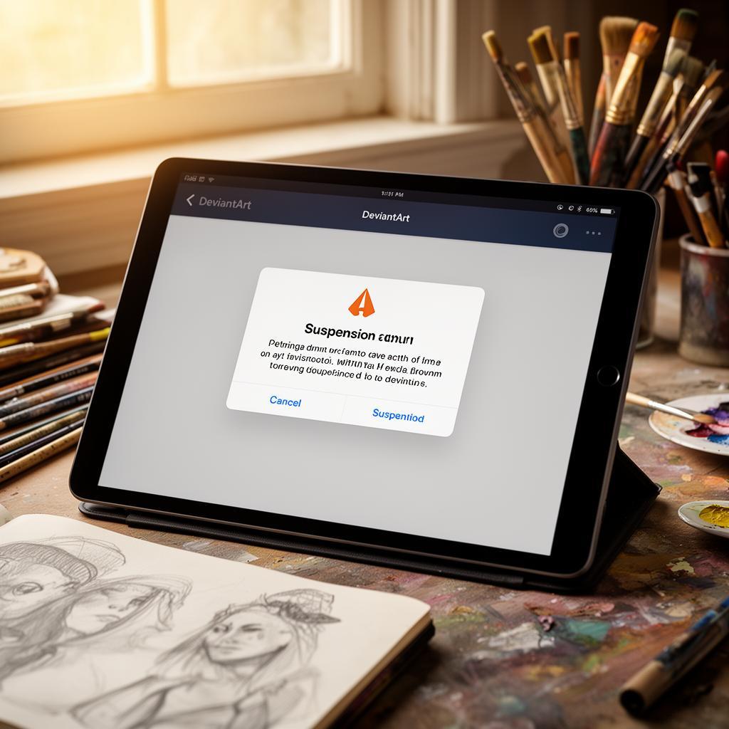 Tablet sobre mesa de artista mostrando notificação de suspensão de conta do DeviantArt