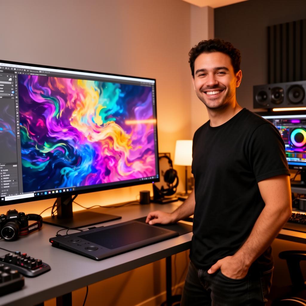 Artista brasileira orgulhosa ao lado de monitor grande exibindo arte digital colorida