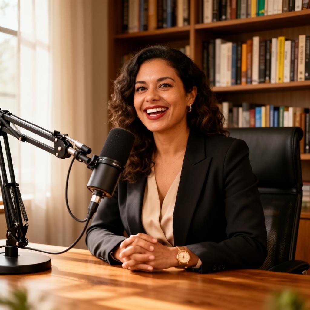 Profissional brasileiro confiante falando em microfone de podcast em home office elegante