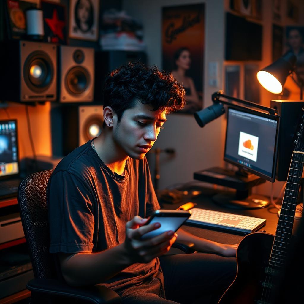Músico brasileiro sentado em estúdio caseiro olhando chocado para smartphone com suspensão da conta do SoundCloud