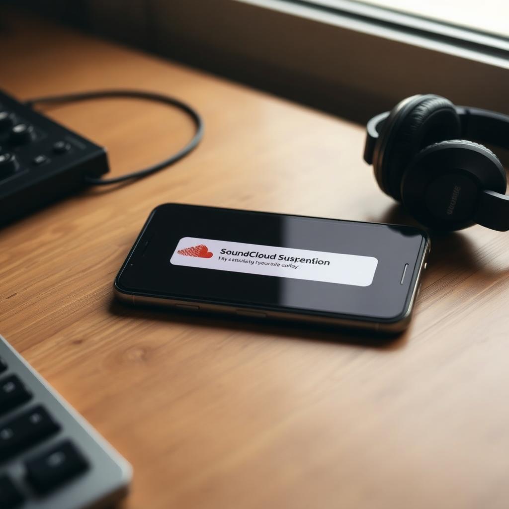 Smartphone sobre mesa de madeira exibindo notificação de suspensão da conta do SoundCloud, com fones de ouvido e teclado MIDI ao lado