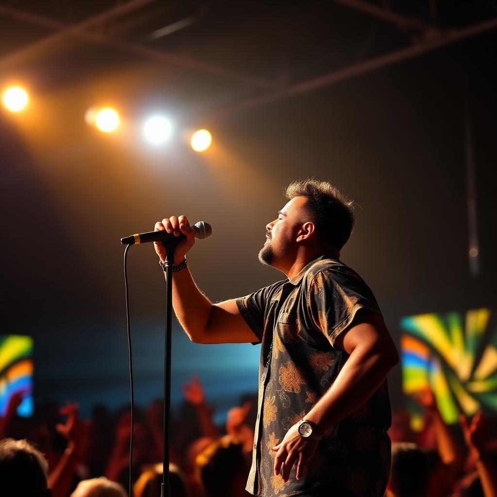 Músico brasileiro confiante performando no palco com microfone, luzes quentes e silhuetas da plateia ao fundo