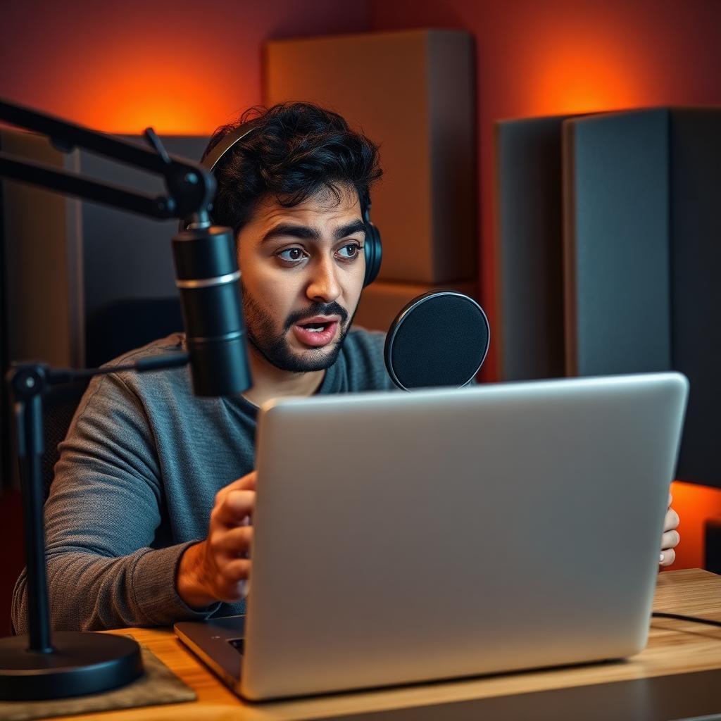 Podcaster brasileira sentada em cabine de gravação caseira olhando chocada para laptop com suspensão da conta do Spotify