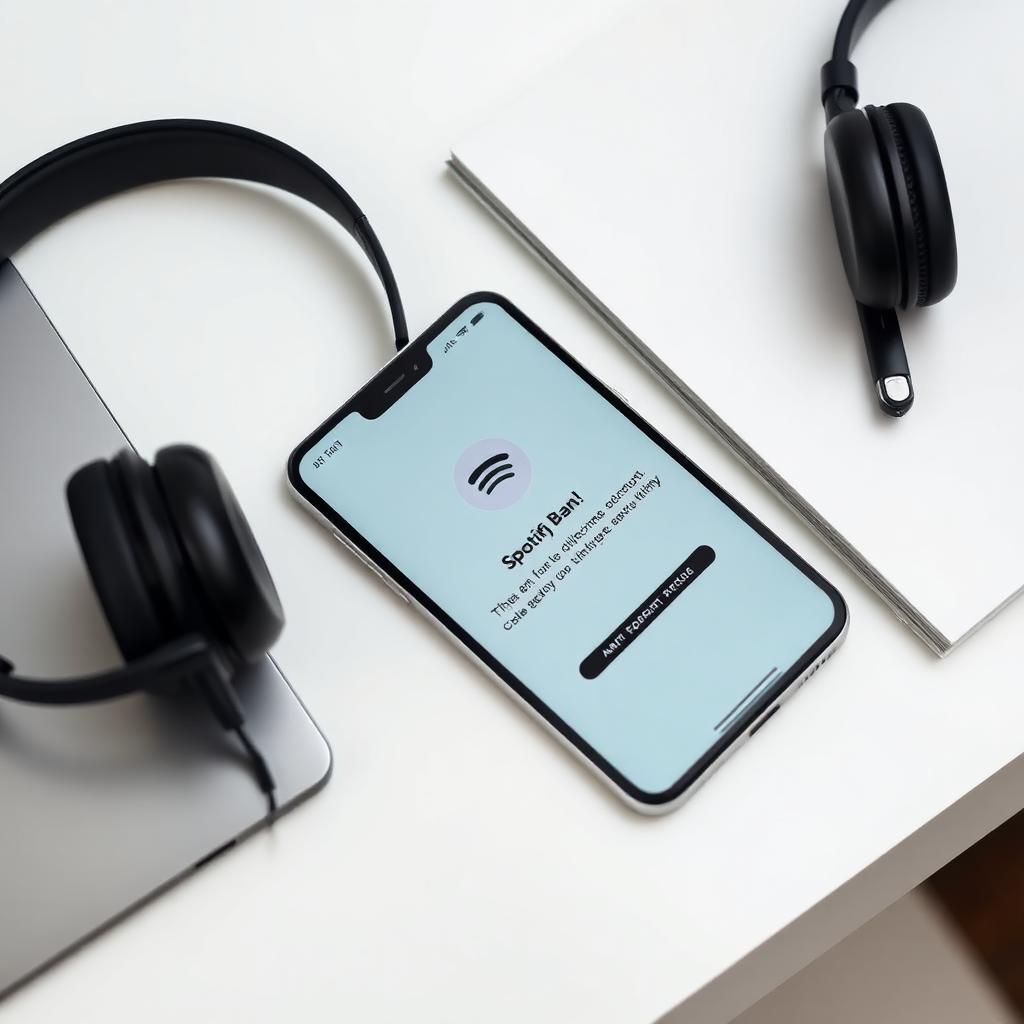 Smartphone sobre mesa minimalista exibindo notificação de suspensão da conta do Spotify, com fones de ouvido de podcast ao lado