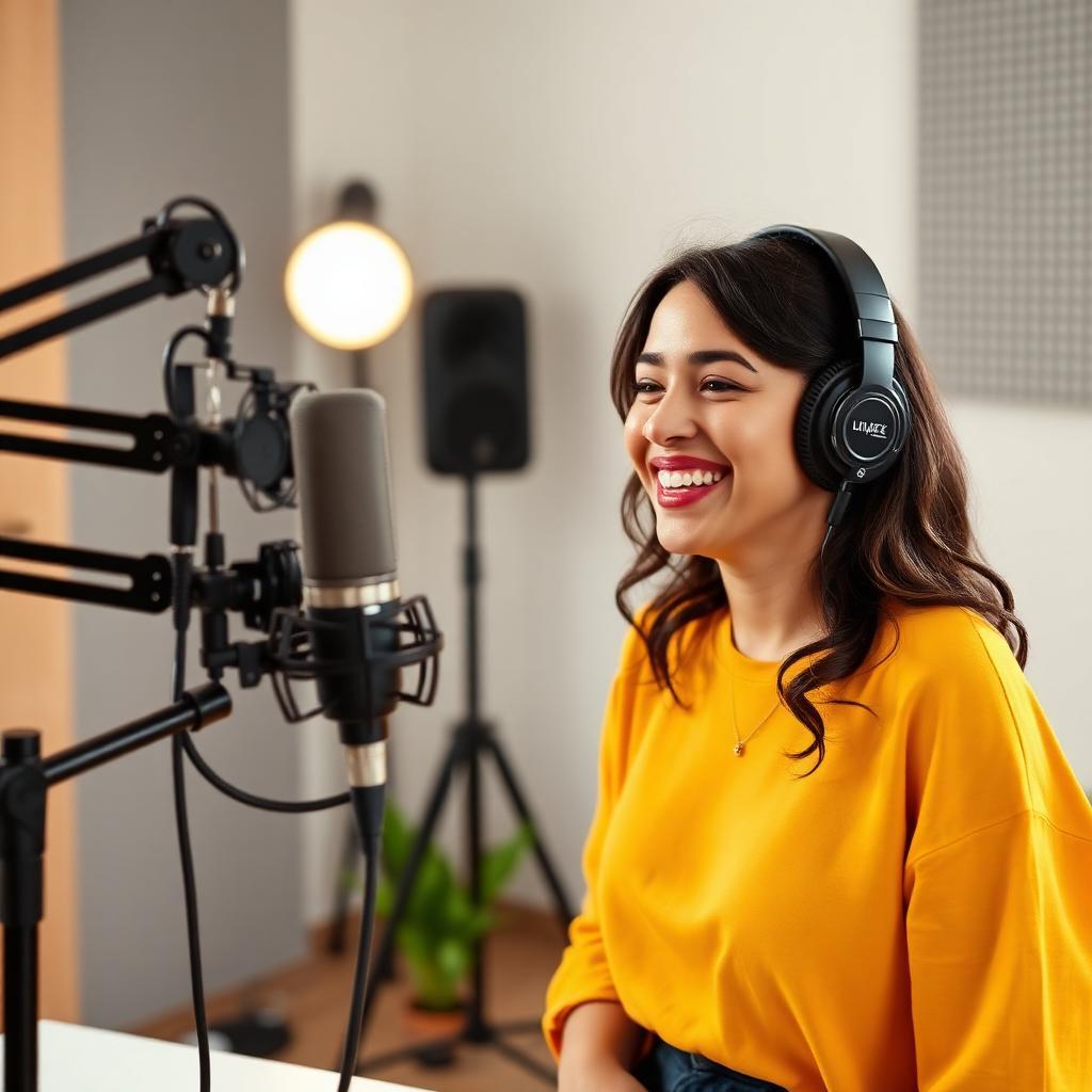 Podcaster brasileira sorrindo enquanto grava episódio em estúdio iluminado, falando com confiança em microfone profissional