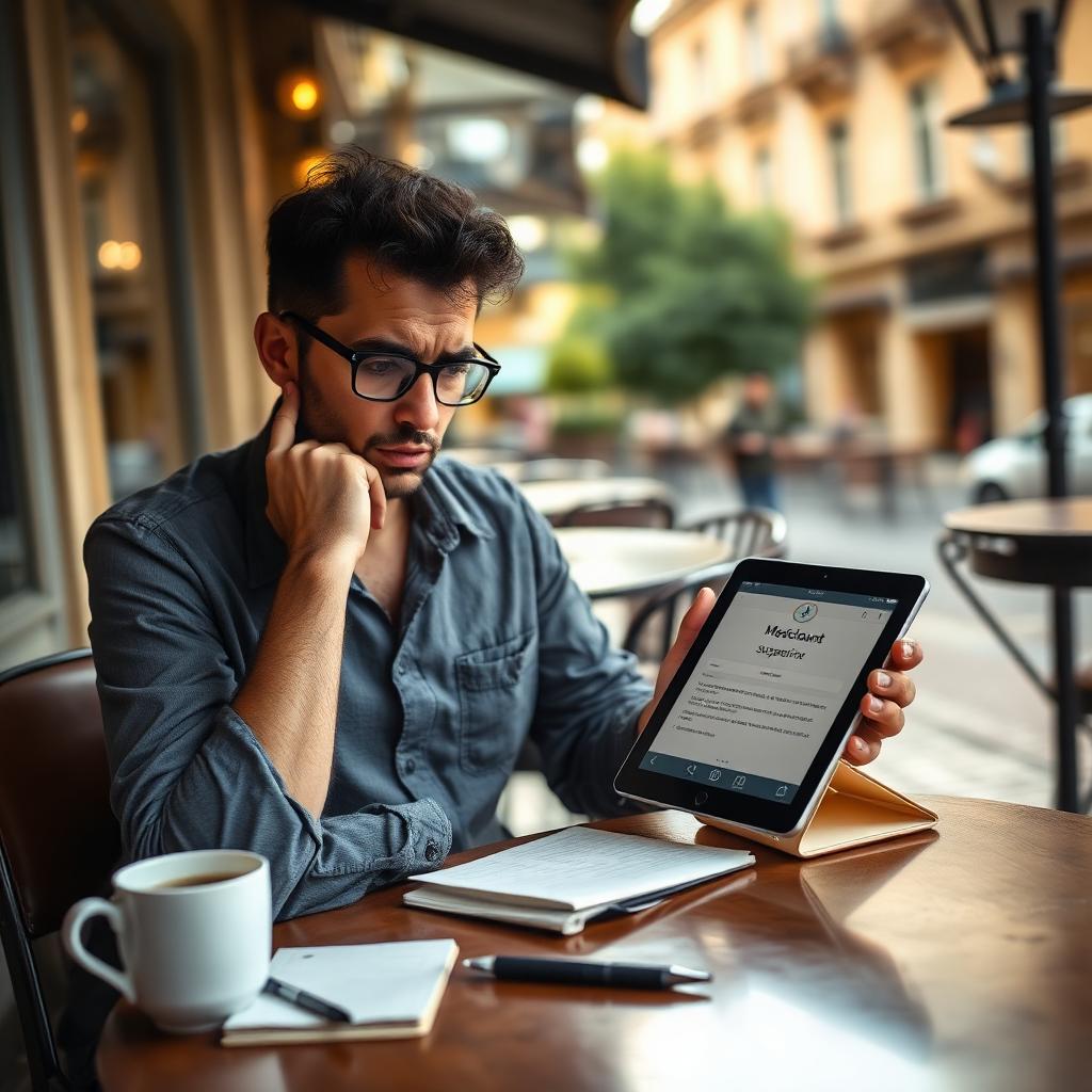 Escritor brasileiro sentado em mesa de café olhando angustiado para tablet com suspensão da conta do Medium