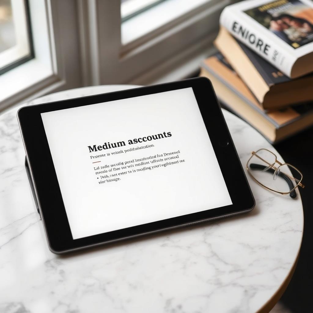 Tablet sobre mesa de mármore de café exibindo notificação de suspensão da conta do Medium, com óculos de leitura e livros ao lado
