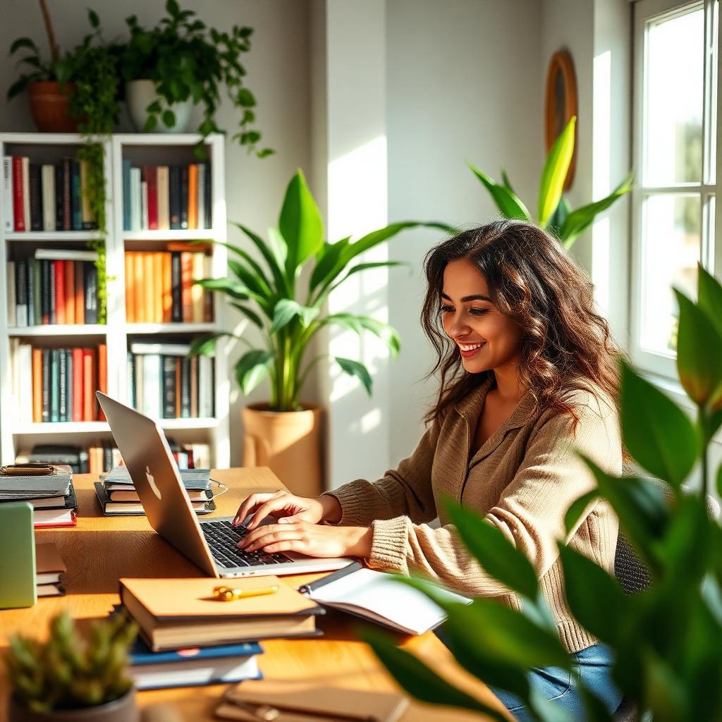 Escritor brasileiro digitando com paixão em laptop em espaço de trabalho iluminado, cercado por livros e plantas, expressão confiante e inspirada